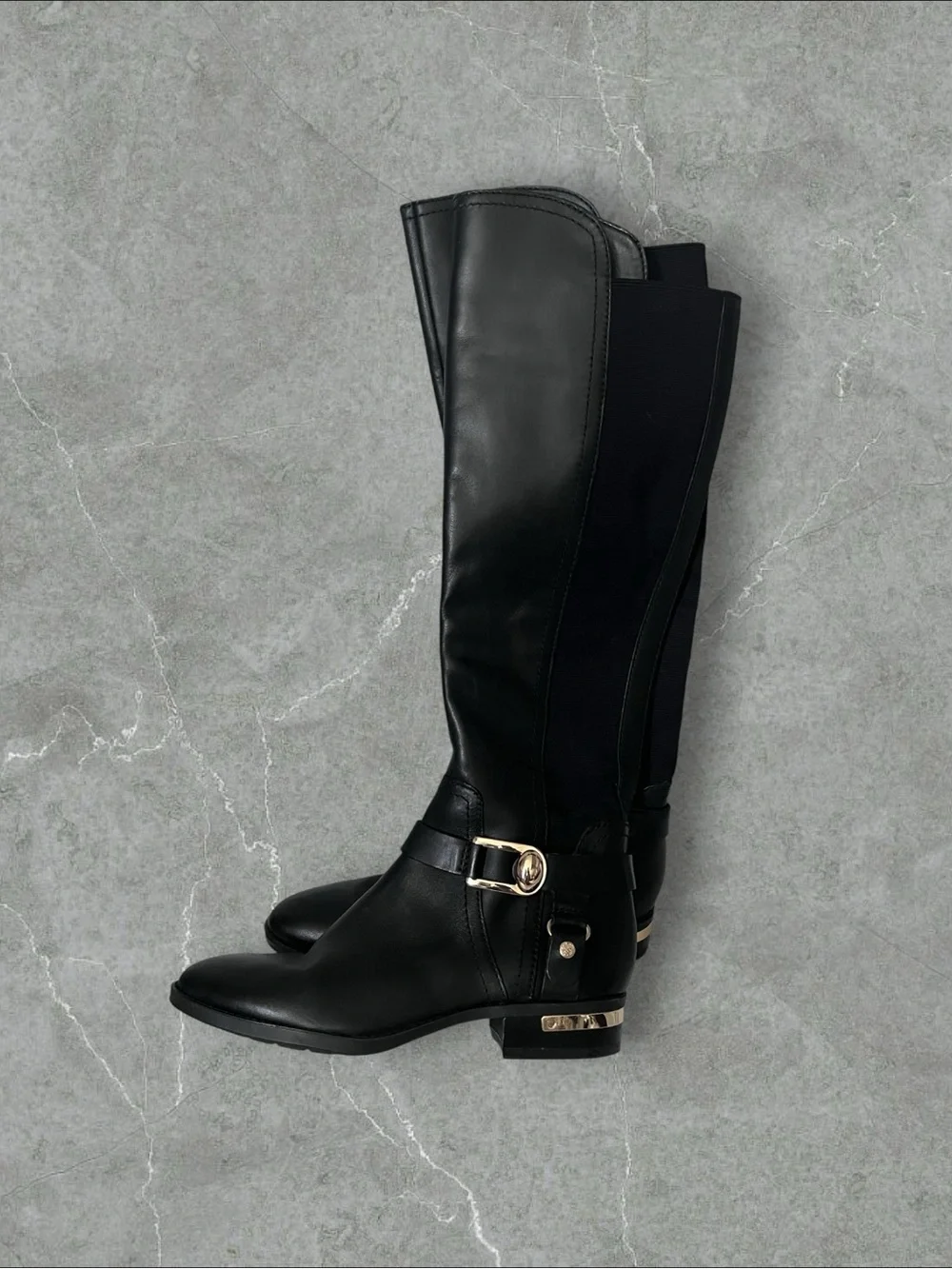 Vince Camuto Black Leather Over-the-Knee Boots with Gold Accent
